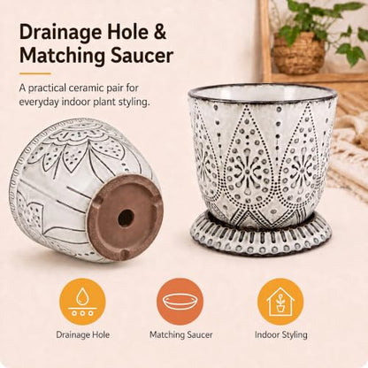 Gepege Ceramic Plant Pots, 6 Inch Indoor Planters with Drainage & Saucers - color: Cream White, size: 6 Inch - Set of 2