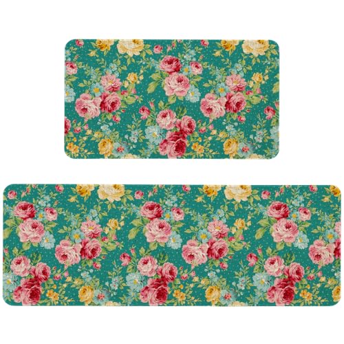 Boho Floral Kitchen Mats Set of 2 Non Slip Farmhouse Flowers Kitchen Rugs Bohemia Home Decor Low-Profile Washable Floor Mat 17x47 Inch and 17x29 Inch - color: Boho Kitchen Mat-05, size: 17x47 inch and 17x29 inch