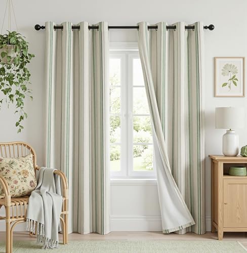 MYSKY HOME Green Striped Linen Curtains 100% Blackout 52Wx84L,2 Panels - color: Green/Blackout, size: 52"W x 84"L (Pack of 2)