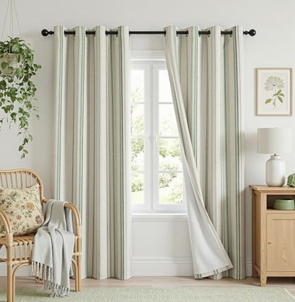 MYSKY HOME Green Striped Linen Curtains 100% Blackout 52Wx84L,2 Panels - color: Green/Blackout, size: 52"W x 84"L (Pack of 2)