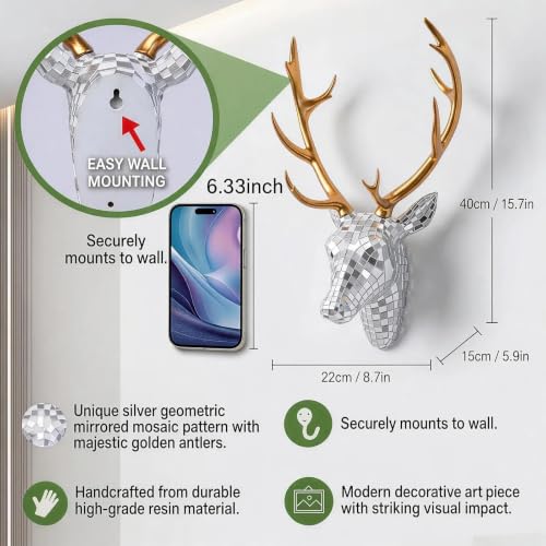 GIGICICI Mosaic Deer Head Wall Decor 15.7x8.7 Inch, Artistic Faux Resin Animal Head Wall Sculpture Hanging for Living Room Bedroom Kitchen Office, White-Silver Gift - color: Deer-White Silver