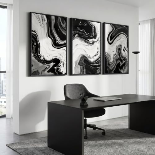 Large Framed Black and White Modern Abstract Wall Art Set of 3, 24x36 In - color: Black and White D, size: 24" W x 36" H x 3Pcs
