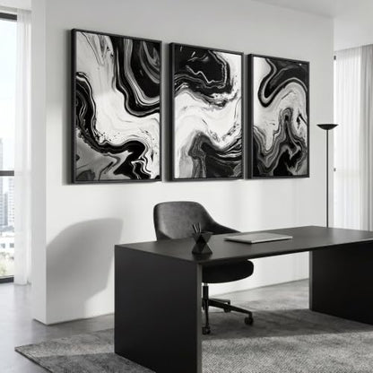 Large Framed Black and White Modern Abstract Wall Art Set of 3, 24x36 In - color: Black and White D, size: 24" W x 36" H x 3Pcs