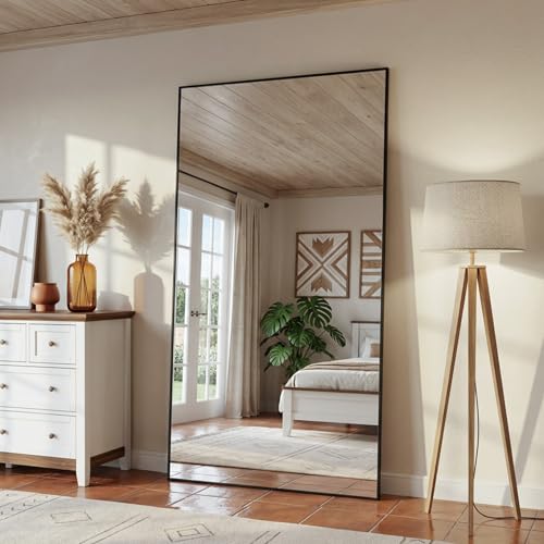 Full Length Mirror, 90"x46" Floor Mirror Freestanding, Oversized Floor Standing Mirror Full Body Mirrors with Stand for Bedroom, Hanging Mounted Mirrors for Living Room Cloakroom, Black, Rect - color: Black, size: 90"L x 46"W, style: Rect Style