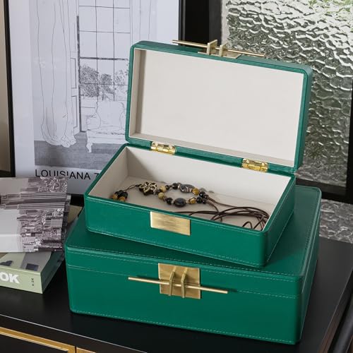 Soul & Lane - Faux Leather Boxes with Lids, Set of 2, Emerald Green