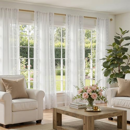 jinchan Floral Linen Curtains, Back Tab 54x84 Inch, 2 Panels White - color: S | Off White, size: 54"W x 84"L (Pack of 2)