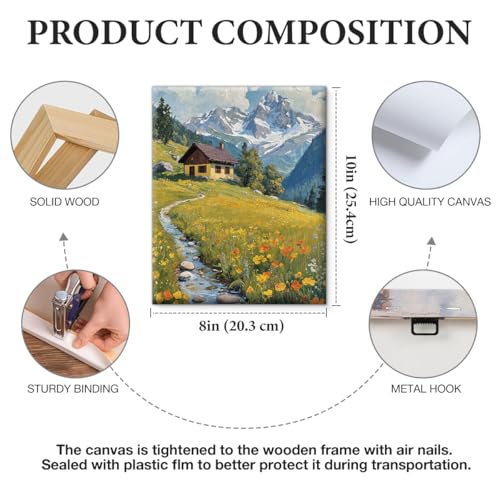 APOHBGV Mountain Landscape Canvas Wall Art Decor, Alpine Meadow River Scenery Oil Painting Artwork, Nature Mountain View for Living Room Bedroom Office Home Decoration, 8x10 Inch - color: Home18