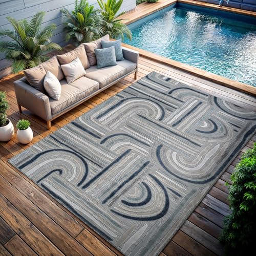 CAMILSON Indoor Outdoor Rug, Blue 9x12 Geometric Arch Striped Large Area Rugs for Patio and Home Areas, Easy-Cleaning Non-Shedding Living Room, Garden and Deck Washable Outside Carpet (9 x 12) - color: 3004 Blue, size: 9' x 12' (Rectangular)
