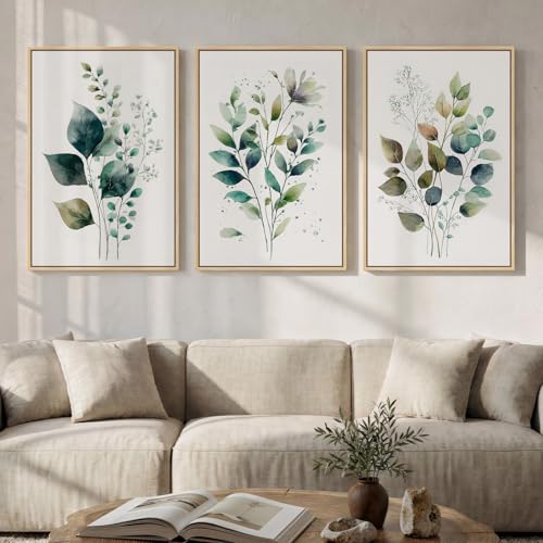 Framed Green Botanical Wall Art for Living Room, 3 Piece Neutral Minimalist Watercolor Leaf Canvas Painting Prints, Modern Farmhouse Boho Sage Green Plant Artwork for Bedroom Kitchen Wall Decor - color: White & Sage Green, size: 16" W x 24" H x 3Pcs