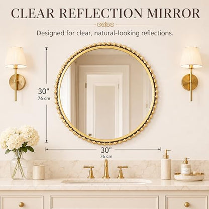 30" Round Bathroom Mirror, Antique Gold Bold Beaded Frame