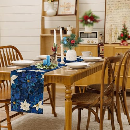 Christmas Navy Blue Poinsettia Table Runner Burlap 13x90 Inch - color: Blue Poinsettia, size: 13" x 90", Table Runner