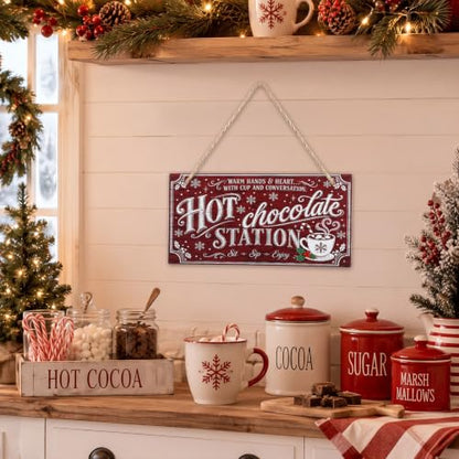 Marsui Christmas Wood Hanging Sign with Jute Rope, Hot Chocolate Station - style: Hot Chocolate Station