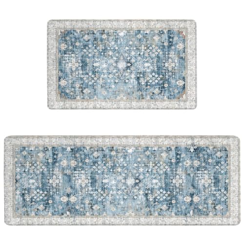 Boho Cushioned Anti Fatigue Mats for Kitchen Floor,Modern Farmhouse Blue Floral Non-Slip Water Resistant Runner Comfort Foam Standing Rugs Non Skid for Home Sink,Office,Laundry 17"x47"+17"x30" - color: 2026 Anti Fatigue Mats 2