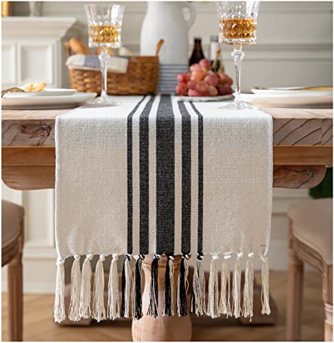 Boho Table Runner for Modern Farmhouse Decor, Dining Table décor 13 x 72 Inch Long with Handcrafted Tassels, Black and Beige Stripe Table Runner for Home Boho décor - color: Black Beige, size: 13x72Inch