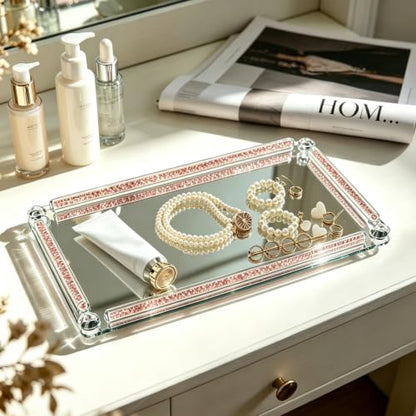 Crystal Mirror Tray, 13.8" x 5.9" Pink Glass Perfume Tray - color: Pink a
