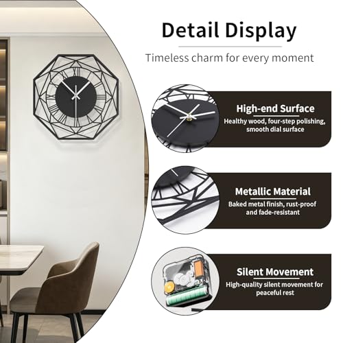Large Modern Black Metal Decorative Wall Clock for Living Room Decor