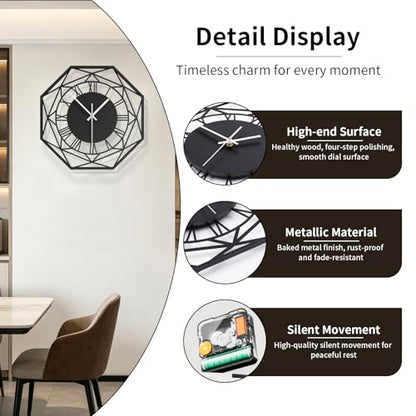Large Modern Black Metal Decorative Wall Clock for Living Room Decor
