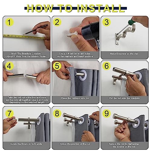 Double Curtain Rods for Windows 36-72 Inches, 1'' Front and 5/8''Back Double Drapery Rods with Premium Aluminum Brackets and End Cap Finials, Adjustable Brushed Nickel Double Window Curtain Rod - color: Brushed Nickel, size: 36-72"