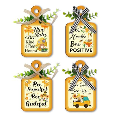 PH PandaHall 4 Styles Bee Wooden Sign, Wall Decor Eat Wood Cutting Board Sign Yellow Hive Rules Farmhouse Tiered Tray with Hemp Rope Hanging Wall Decor for Home Kitchen Dining Living Room Bar - style: Bee