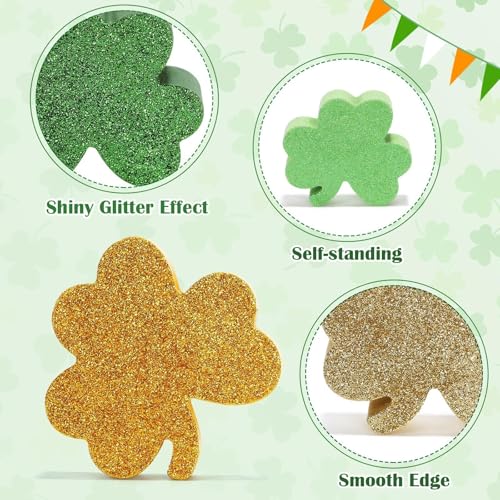 St Patricks Day Shamrocks Decorations, 6 Pack Wooden Glitter Shamrocks