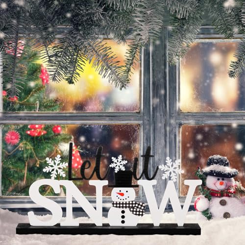 MiniInflat Let It Snow Table Decor Winter Metal Table Sign Christmas Black White Snowman Snowflake Decor with Wood Base for Winter Wonderland Decorations Xmas Home Tiered Tray Mantel Centerpiece - style: Let It Snow