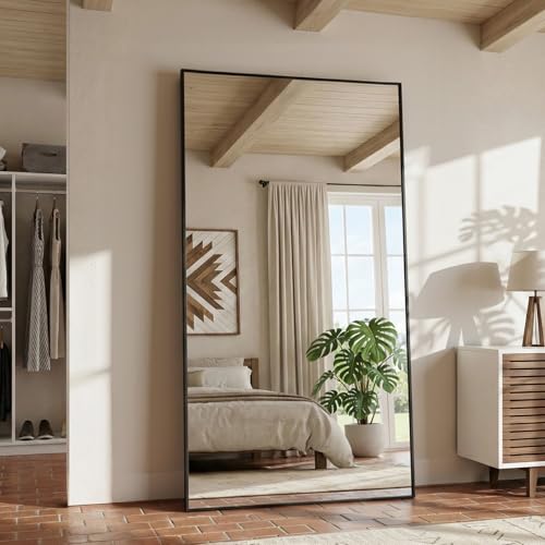 Full Length Mirror, 86"x46" Floor Mirror Freestanding, Oversized Floor Standing Mirror Full Body Mirrors with Stand for Bedroom, Hanging Mounted Mirrors for Living Room Cloakroom, Black, Rect - color: Black, size: 86"L x 46"W, style: Rect Style