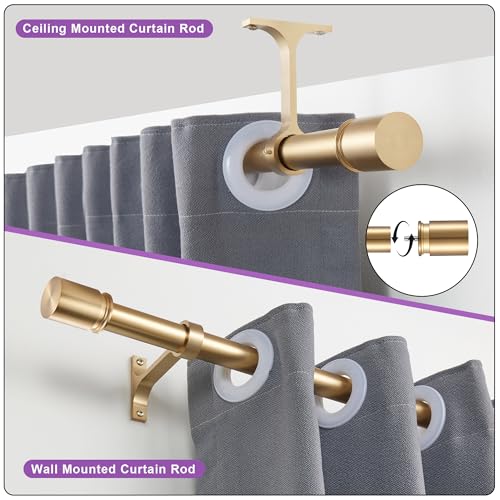 Curtain Rods for Windows 28 to 48 Inches - Aluminium Finials and Brackets - 1 Inch Decorative Window Rods - Adjustable Heavy Duty Curtain Rod - Wall & Ceiling Mounted - Brushed Gold Finish - color: Brushed Gold, size: 28-48"