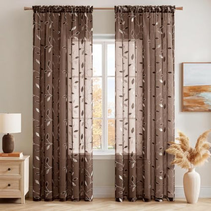 MIULEE Chocolate Brown Sheer Curtains 2 Panels Leaf Patterned, W52 x L84 - color: Chocolate Brown, size: 52"W x 84"L (Pack of 2)