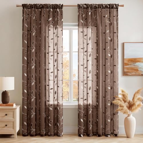 MIULEE Chocolate Brown Sheer Curtains 2 Panels Leaf Patterned, W52 x L84 - color: Chocolate Brown, size: 52"W x 84"L (Pack of 2)