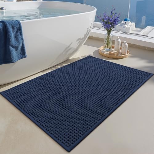 Color&Geometry Dark Blue 30x17 Waffle Bath Mat, Non Slip Bathroom Rug - color: Dark Blue, size: 17"x30"
