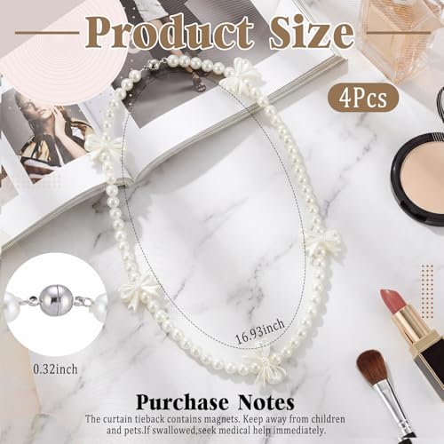 Lewtemi 4 Pcs Magnetic Curtain Tiebacks Decorative, Pearl Strand Bow - style: Pearl Strand Bow