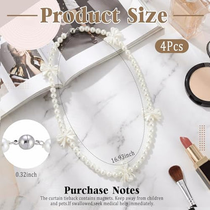 Lewtemi 4 Pcs Magnetic Curtain Tiebacks Decorative, Pearl Strand Bow - style: Pearl Strand Bow
