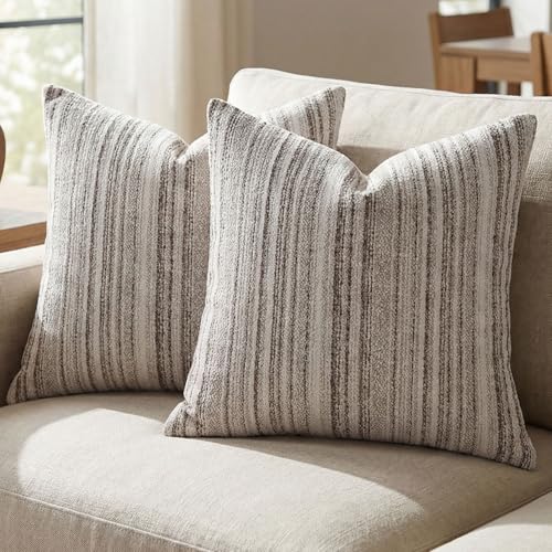 Set of 2 Striped Chenille Throw Pillow Covers 18x18 Inches Premium Plush Textured Decorative Cushion Covers Reinforced Hidden Zipper Mid-Century Modern Farmhouse Decor for Couch Sofa Beige - color: Beige, size: 18" x 18" (Pack of 2)