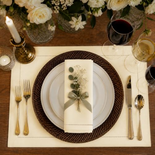 Signature Linen™ by D'Moksha, Cream Placemats Set of 4, 14 x 19 Inch, 100% Pure Linen Table Mats, Hemstitch, Machine Washable Cloth Placemats- Fall, Weddings, Outdoor Hosting - color: Cream, size: Set of 4 (14 X 19 Inch)
