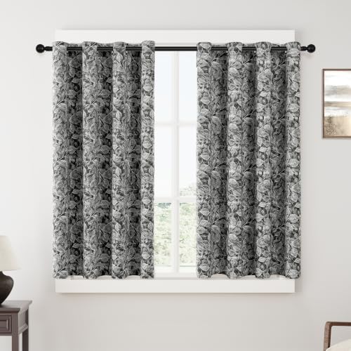 ChrisDowa Floral Blackout Curtains 54 Inches Long 2 Panels for Dining Room Kitchen,White Flower Patterned on Black Room Darkening Thermal Insulated Grommet Window Treatments Drapes,52X54 - color: Leaf | Black, size: 52"W x 54"L (Pack of 2)