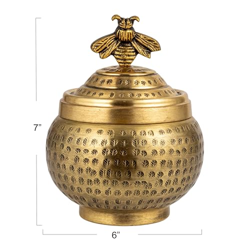 Creative Co-Op Round Hammered Metal Container with Bee Finial, Brass Finish - size: 6 inches (Diameter) x 7 inches (Height), style: Bee