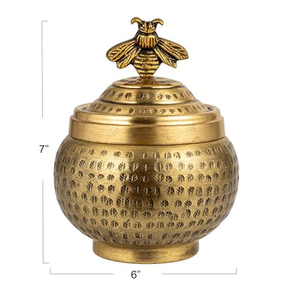 Creative Co-Op Round Hammered Metal Container with Bee Finial, Brass Finish - size: 6 inches (Diameter) x 7 inches (Height), style: Bee