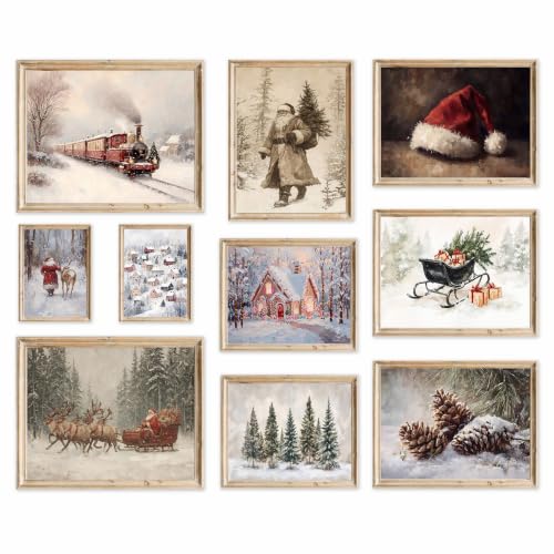 KBKBART Vintage Christmas Wall Art Prints Set of 10 Holiday Canvas Painting - color: Xmas Wall Art Prints