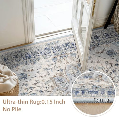 BESTSWEETIE Washable Boho 8x10 Area Rug, No Pile, Living Room, Beige Blue - color: Beige/Blue, size: 10' x 8' (Rectangular)