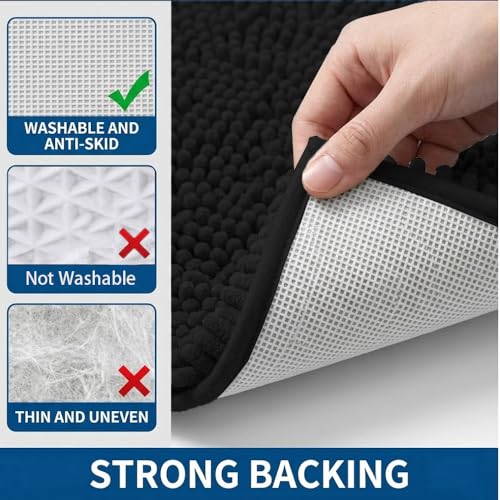Bathroom Rugs Sets 2 Piece,Super Absorbent Chenille Bath Mats and U-Shaped Toilet Rug,Strong PVC Non Slip Backing,Microfiber Washable Dry Quickly Bath Mats for Bathroom(20"x32"+20"x20"U, Black) - color: Black