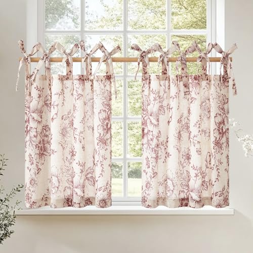 jinchan Red Floral Kitchen Tier Curtains Alice 36 Inches Tie Top 2 Panles - color: Alice Red on Linen, size: 26"W x 36"L (Pack of 2)