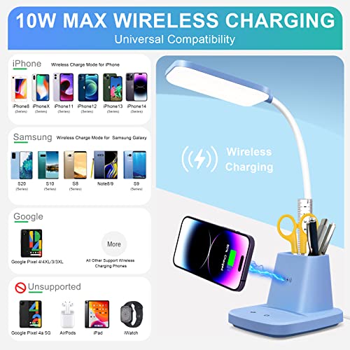 LED Desk Lamp with 10W Wireless Charging & Pen Holder, Blue - color: Blue