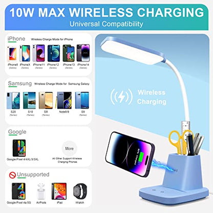 LED Desk Lamp with 10W Wireless Charging & Pen Holder, Blue - color: Blue