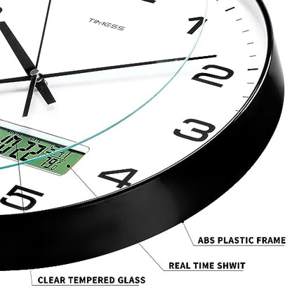 TIMESS 14-Inch Non-Ticking Analog Wall Clock with LCD Display, Black - color: Black, size: 14 Inch