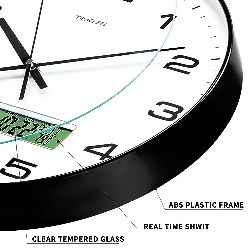 TIMESS 14-Inch Non-Ticking Analog Wall Clock with LCD Display, Black - color: Black, size: 14 Inch