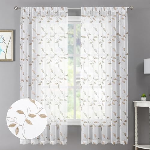 Tollpiz Taupe Leaf Sheer Curtain Bedroom Short 38 x 45 Inches - color: Taupe, size: 38"W x 45"L (Pack of 2)