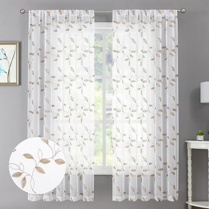 Tollpiz Taupe Leaf Sheer Curtain Bedroom Short 38 x 45 Inches - color: Taupe, size: 38"W x 45"L (Pack of 2)