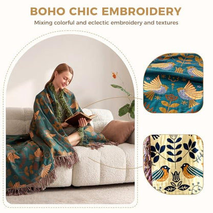 LUTBM Boho Throw Blanket for Couch 50"x60", 100% Cotton Soft Bed Blankets - color: Animal-bird-a, size: 50"×60"