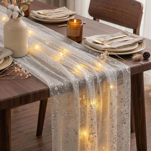 Artscope Lighted White Silver Gauze Table Runner,Glitter and Foil Table Decor for Weddings Anniversary Birthday and Holiday Party Decorations – 28" x 120" - color: White Silver