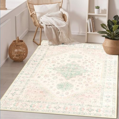 MUJOO 3x5 Rug Washable Boho Area Rugs Low Pile Non Slip Pink and Green - color: Pink and Green, size: 3' x 5' (Rectangular)